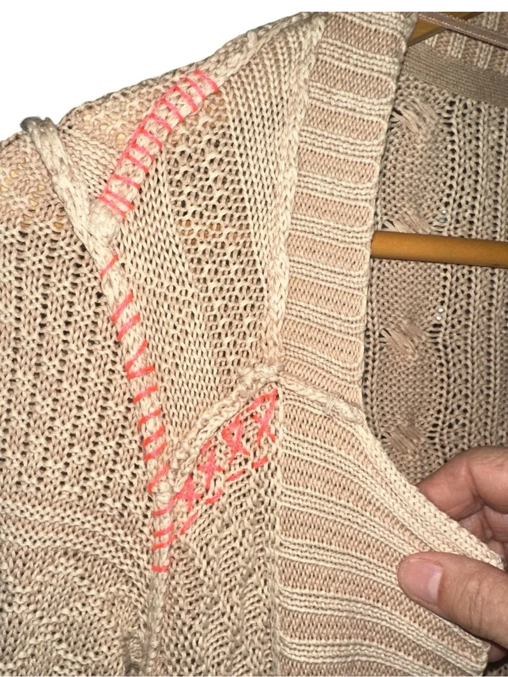 Free People All Washed Out Sand Tan Cardigan Pink Stitching Detail Size S - Picture 8 of 12